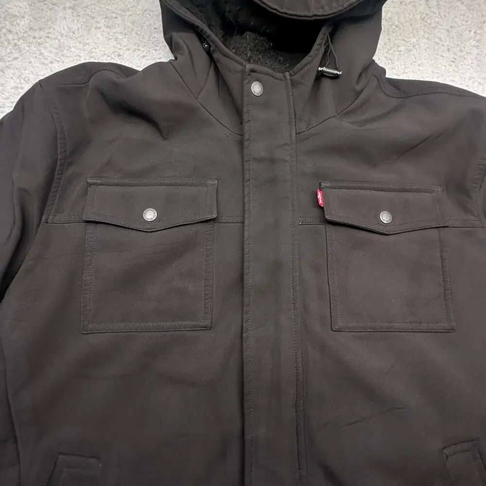 Levis Soft Shell Fleece Sherpa Lined Zip Jacket Mens XXL Black Hooded Pockets